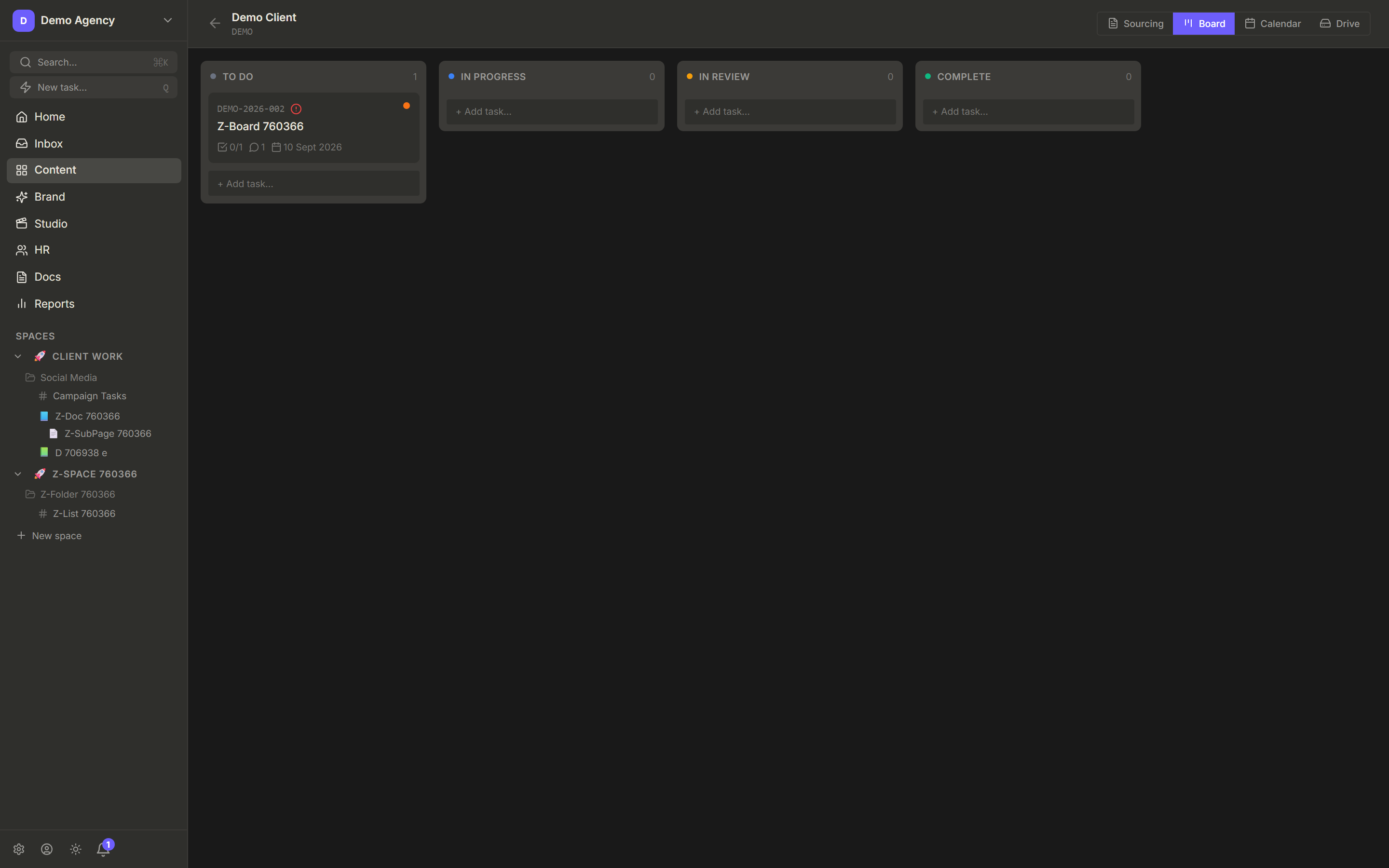 The NOS content board with To do, In progress, In review, and Complete columns.