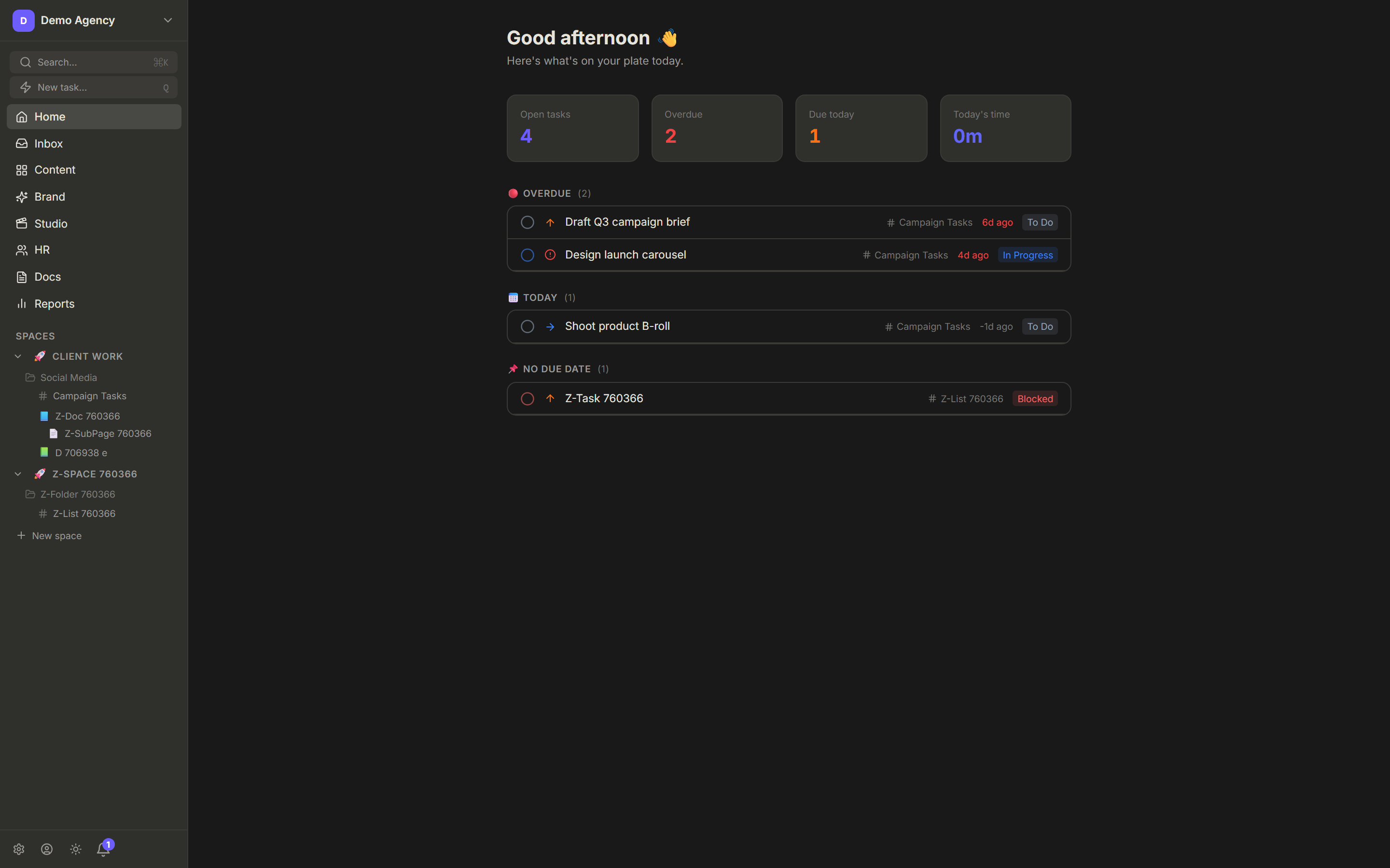 The NOS home dashboard showing open tasks, overdue work, and today's schedule for an agency team.
