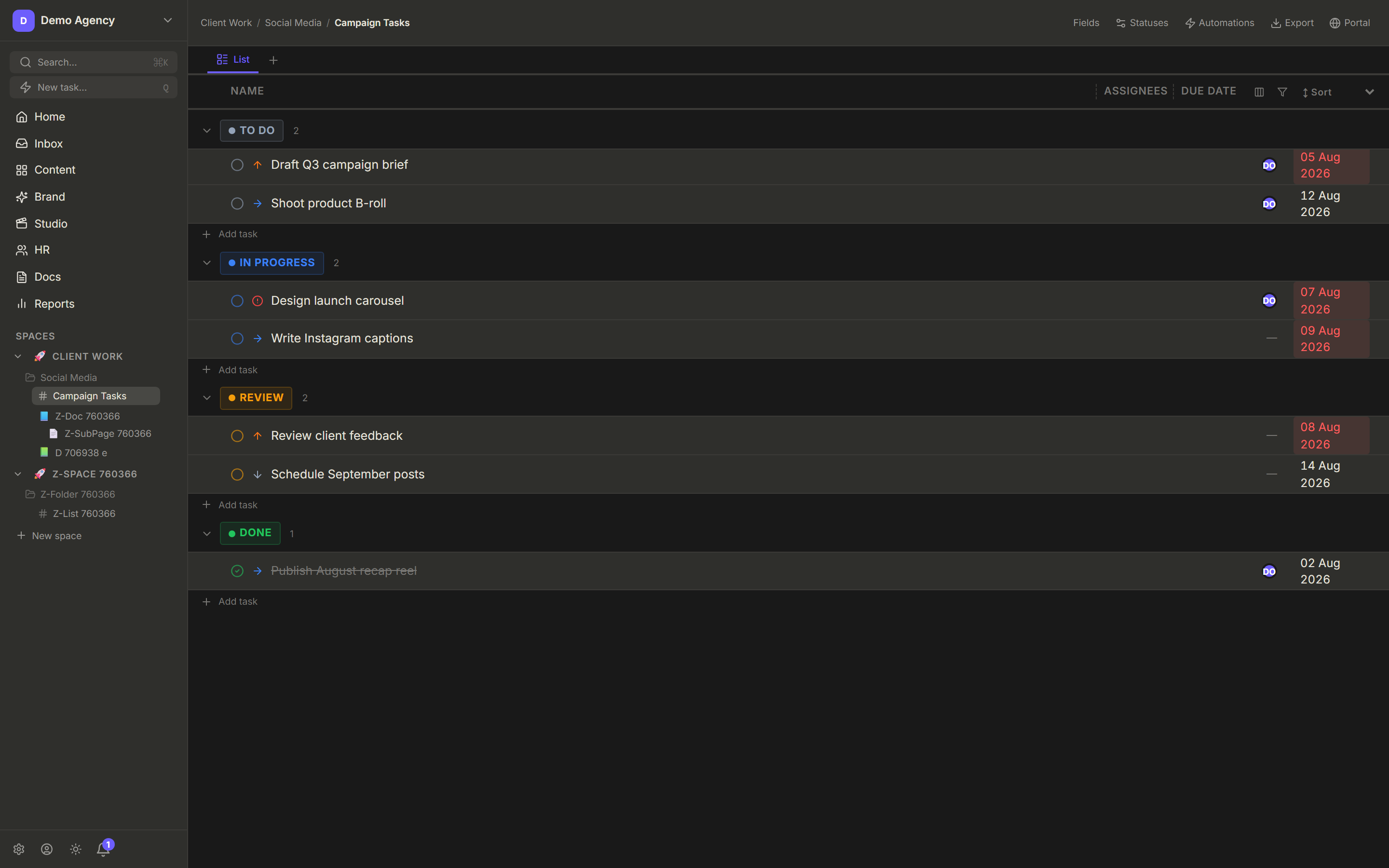 A NOS task list with statuses, assignees, and due dates for a client project.